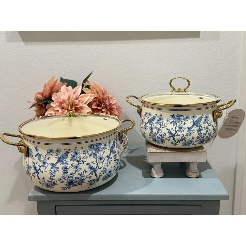 Alta Blue Floral Bird Patterned Enamel Pot w/glass lid and golden handle 6.55 Qt